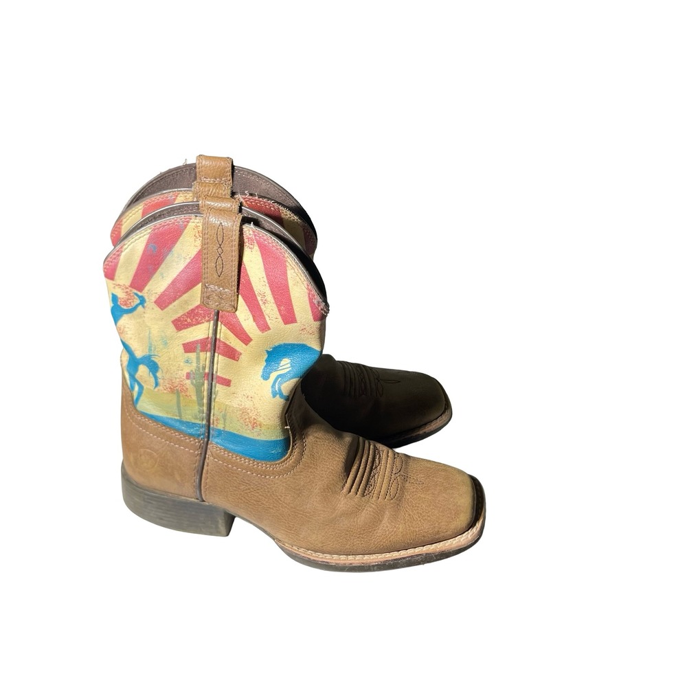 Ariat Kids Western Boots Tan Leather Desert Bronco Sun Square Toe  Sz 1.5